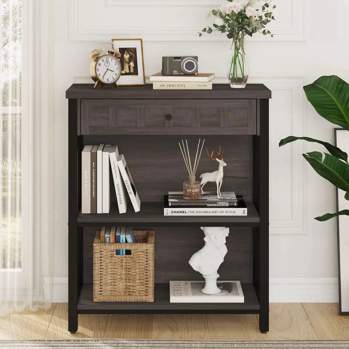 Rustic Bookshelf With Drawer Walnut Brown Industrial Wood And Metal from PriceLows™