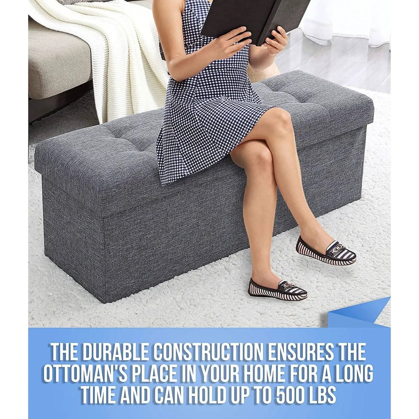 Gray 45 Inch Storage Ottoman Bench Durable Upholstery from PriceLows™