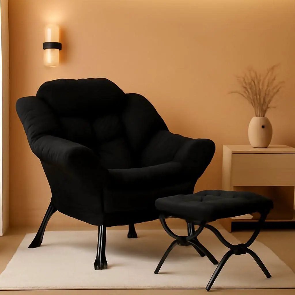 Black Velvet Folding Ottoman Lounge Chair With Footrest from PriceLows™