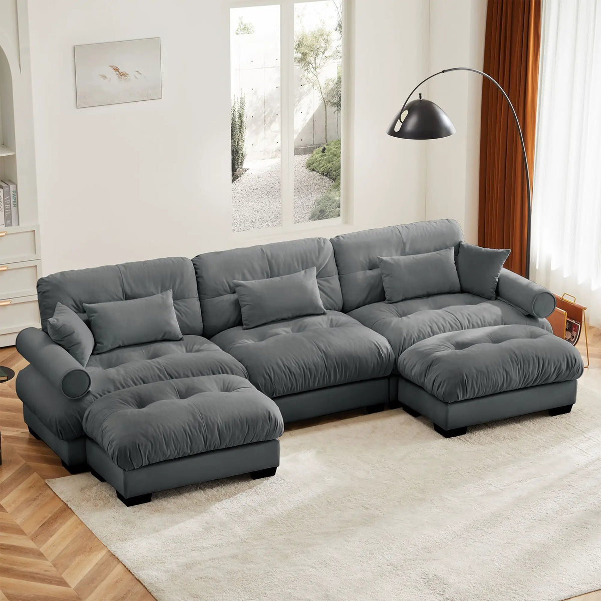 Modular Sectional Sofa | Deep Comfort Cushions | Vintage Fabric Ottoman