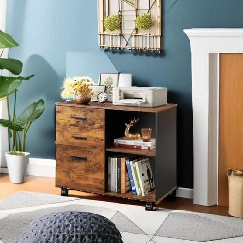 Rustic Brown 3 Drawer Mobile File Cabinet With Open Shelves Printer Stand For Home Office from PriceLows™
