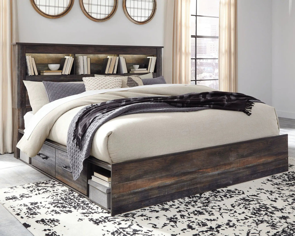 Drystan Panel Bookcase Bed | Storage Headboard | Rustic Industrial Style | 85 Inch Length
