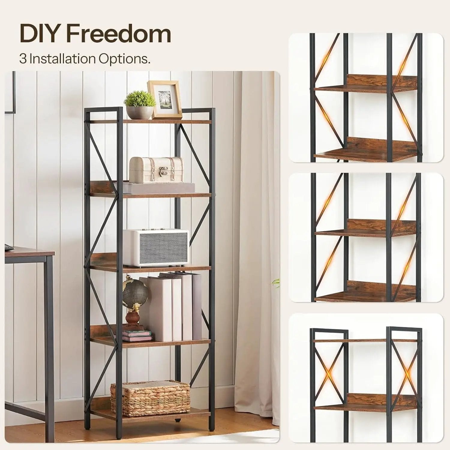 Industrial 5-Tier Bookshelf With Metal Frame 52-Inch Brown from PriceLows™