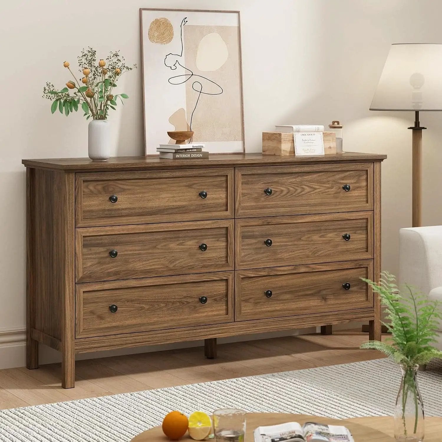 55 Inch Walnut Dresser With Six Drawers For Bedroom from PriceLows™