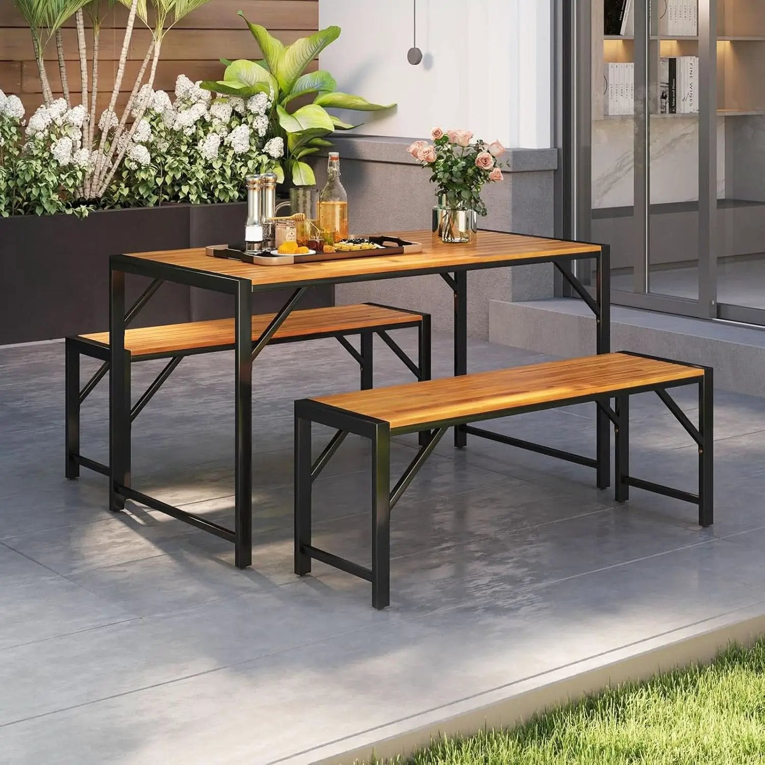 3 Piece Patio Dining Set For Six With 53 Inch Acacia Wood Table And Space Saving Benches from PriceLows™