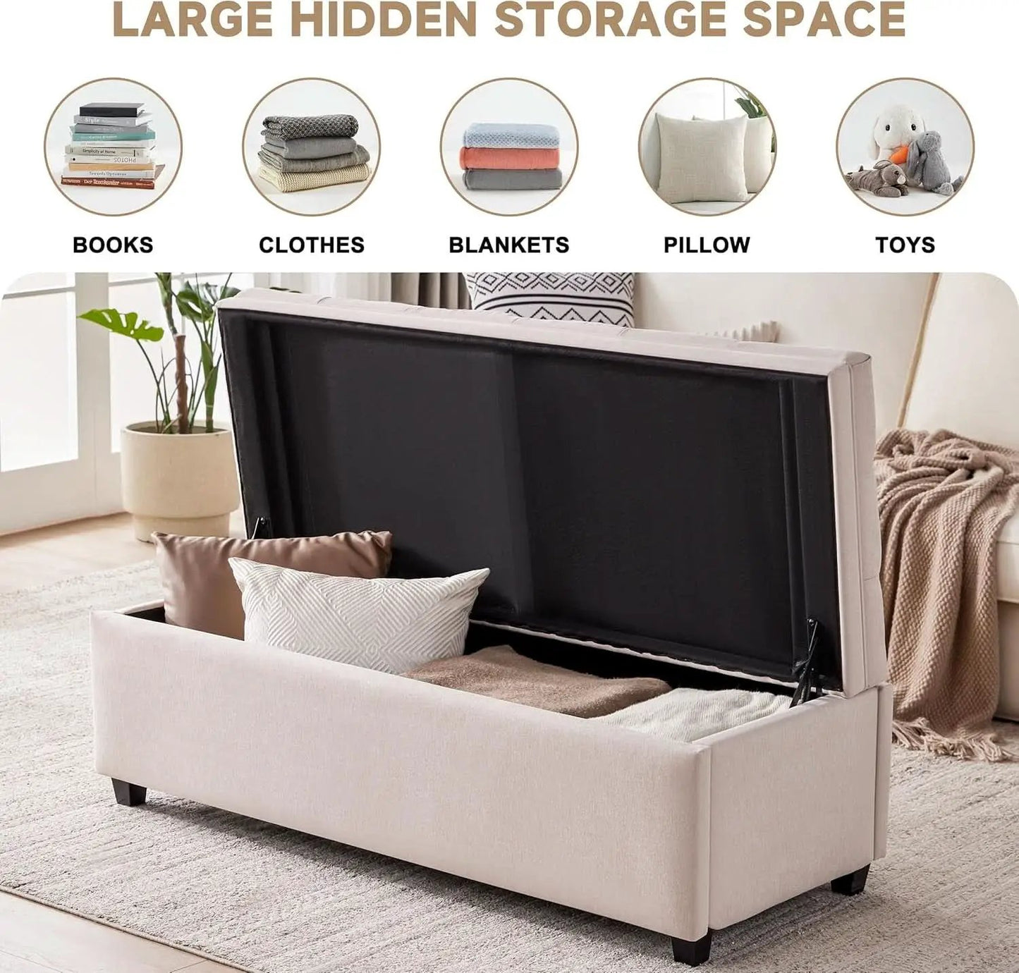 50 Inch Beige Tufted Storage Ottoman Bench Upholstered from PriceLows™