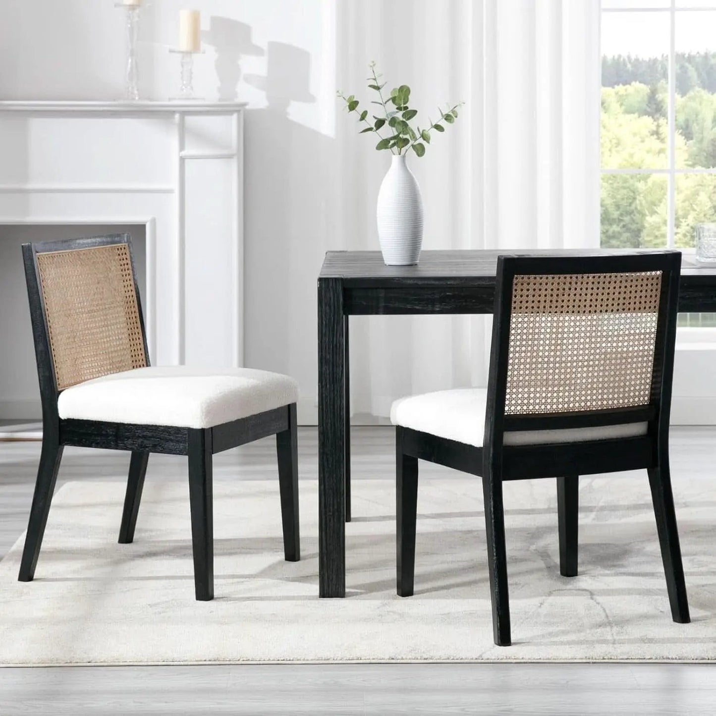 Black Rattan Dining Chairs Four Pack Sherpa Upholstered from PriceLows™