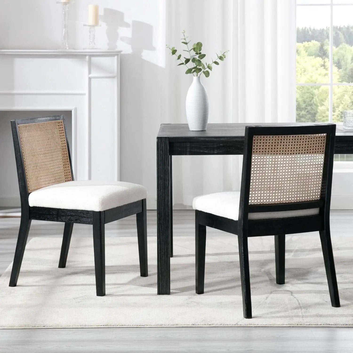 Black Rattan Dining Chairs Four Pack Sherpa Upholstered from PriceLows™