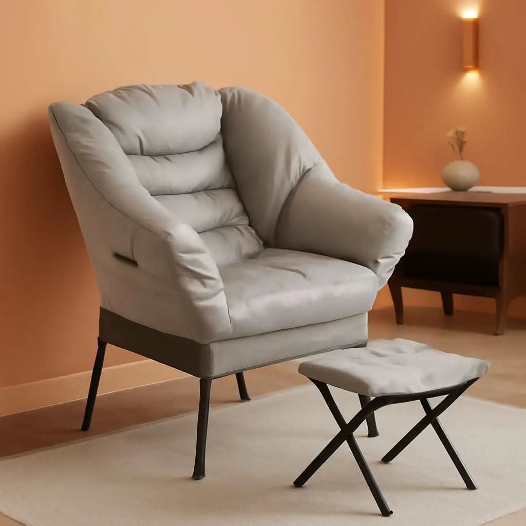 Fabric Lounge Chair With Ottoman Light Gray Overstuffed Padding from PriceLows™