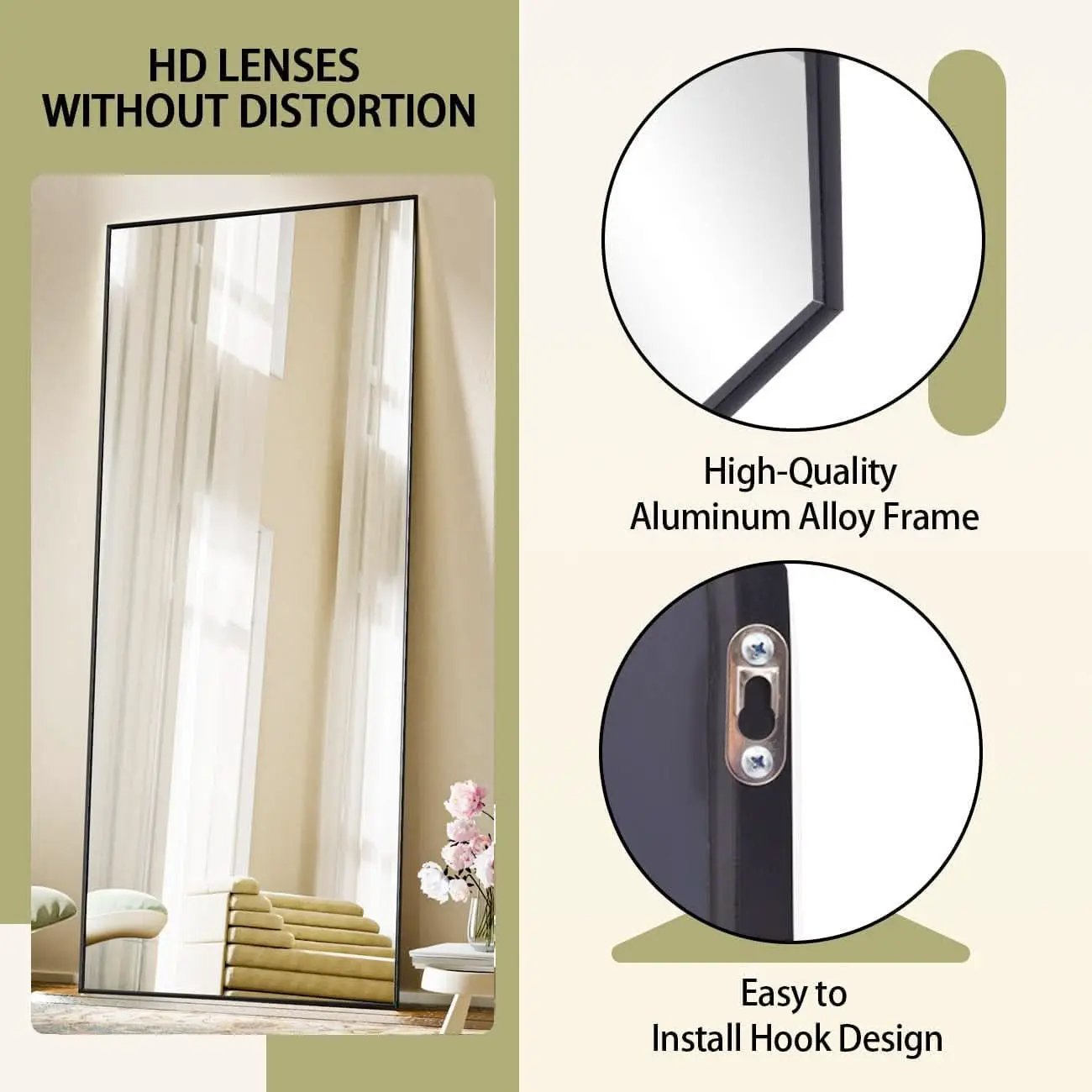 Full Length Standing Mirror 56x21 Black Aluminum Frame Tempered Glass from PriceLows™