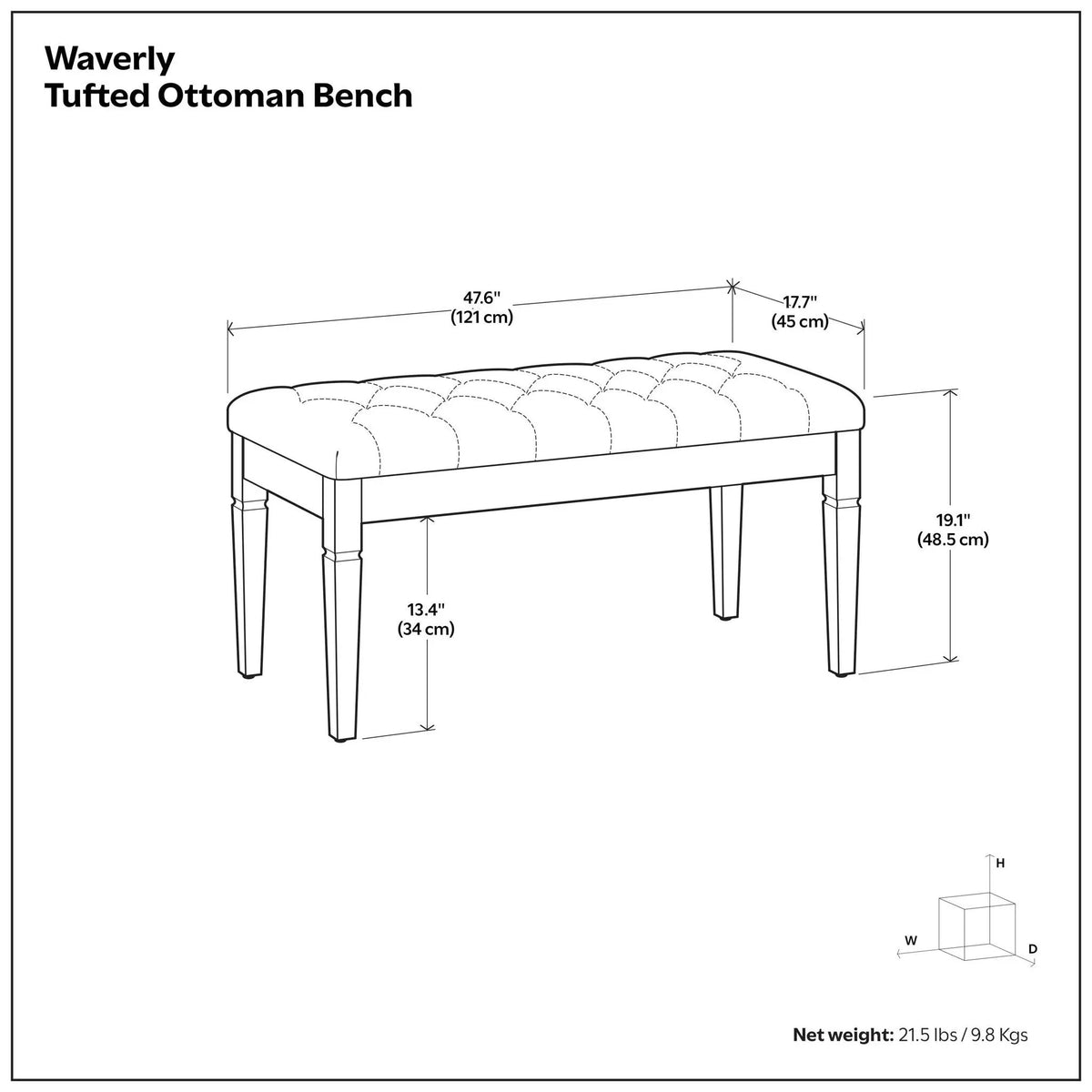 Waverly Upholstered Ottoman Bench | Tufting Detail | Carved Legs | Solid Wood Frame