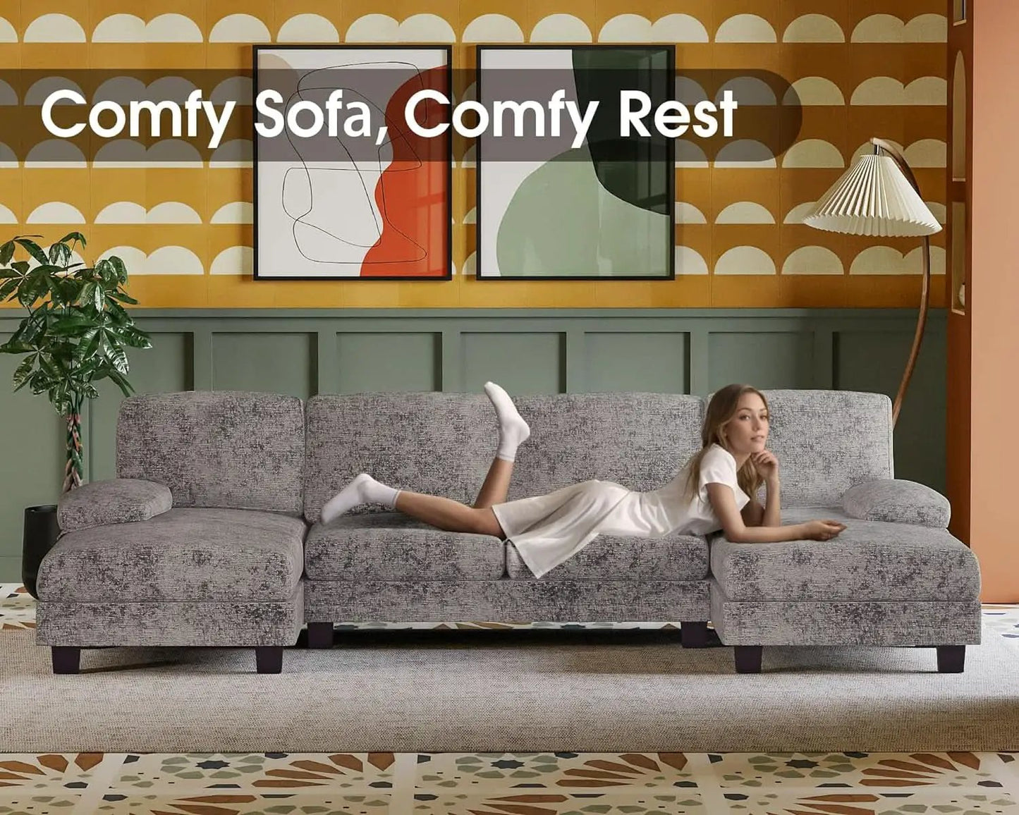 Grey Linen U Shaped Sectional Sofa Couch 4 Seat With Double Chaise from PriceLows™