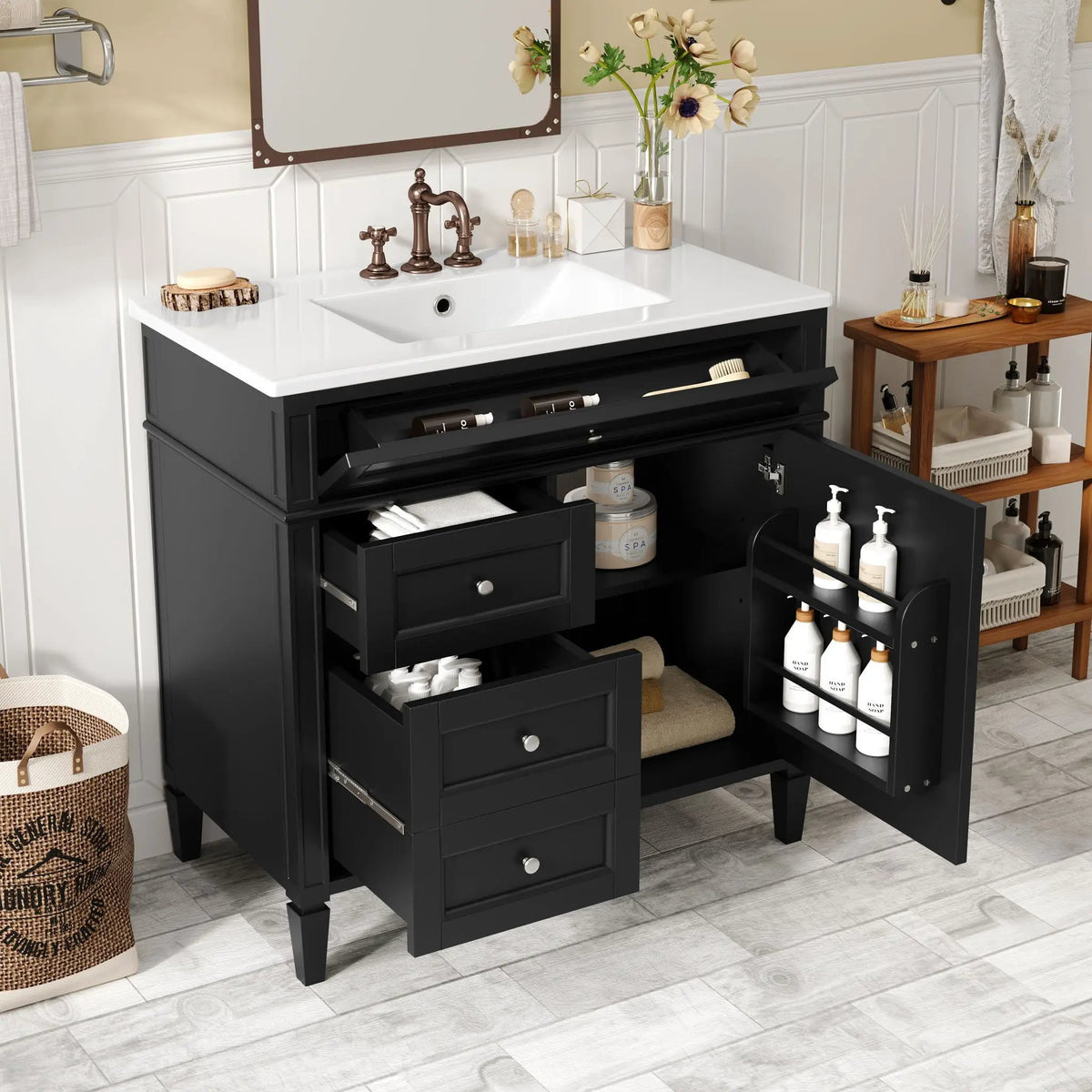 36 Inch Bathroom Vanity With Top Sink | 3 Drawers | Metal Drawer Slides | Ceramic Sink
