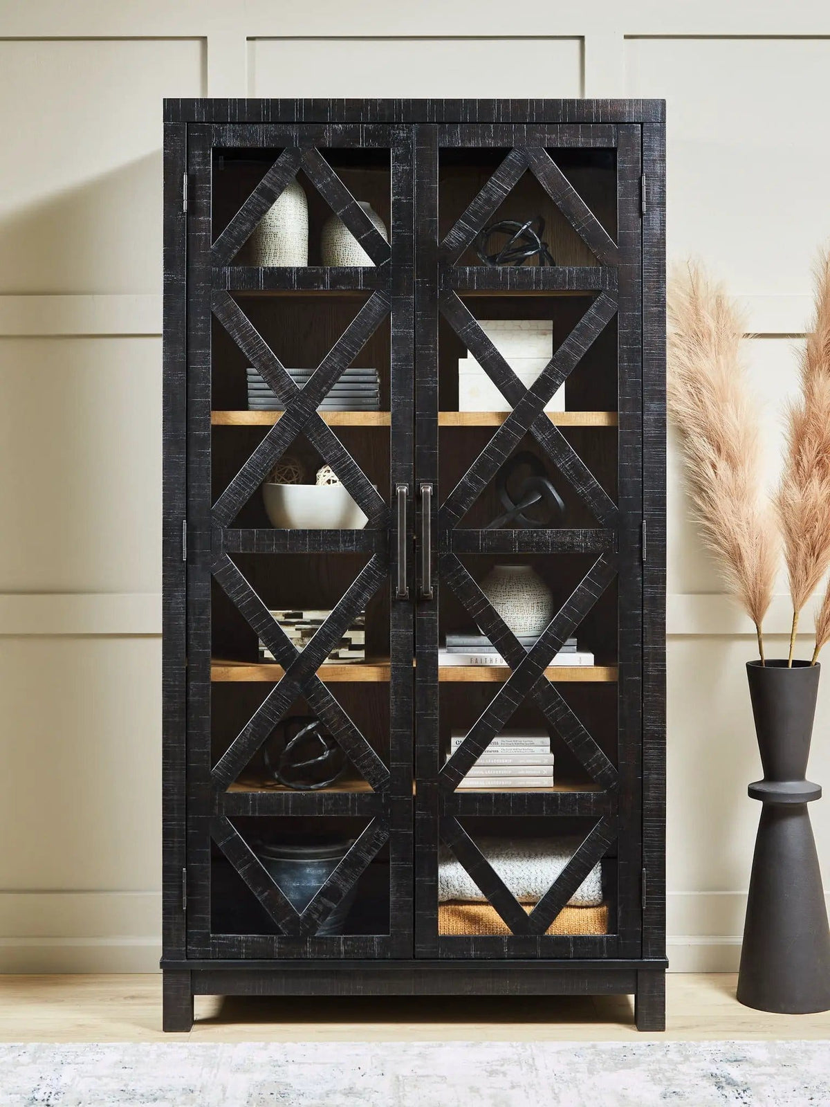 Christop Accent Cabinet | 42 x 17.13 x 78 in | Oak Veneer & Glass | Black / Brown