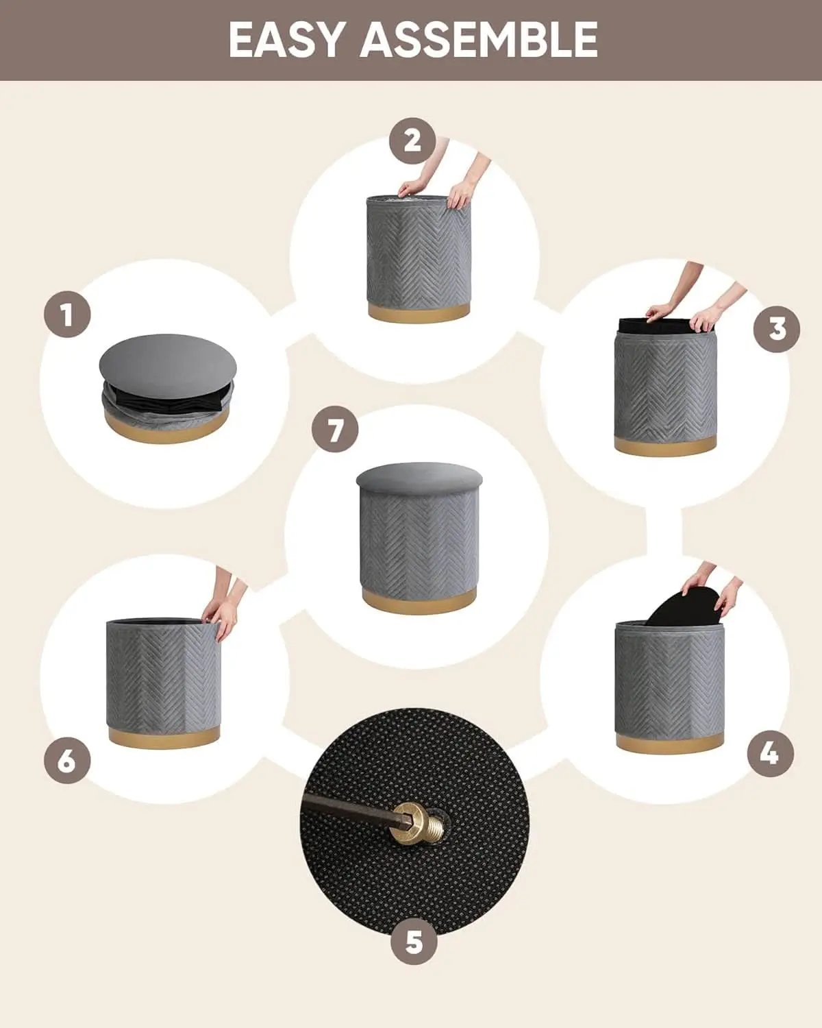 Grey Velvet Circular Storage Ottoman Golden Accents from PriceLows™
