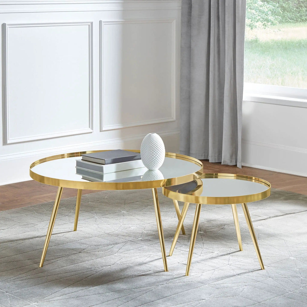 Kaelyn 2-piece Round Mirror Top Nesting Coffee Table | 2-Piece Set | Metal | Gold