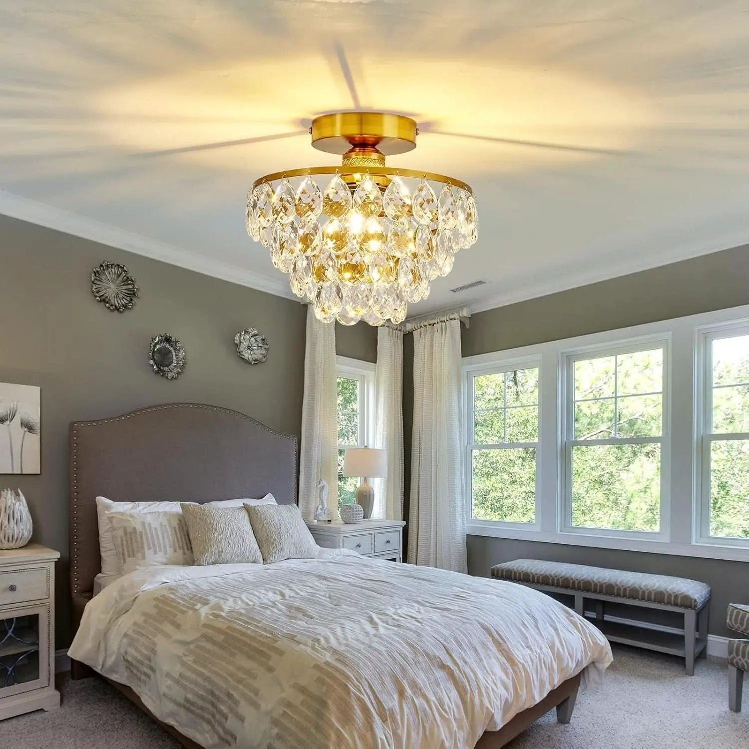 Gold Crystal Chandelier E26 Semi Flush Mount Ceiling Light from PriceLows™