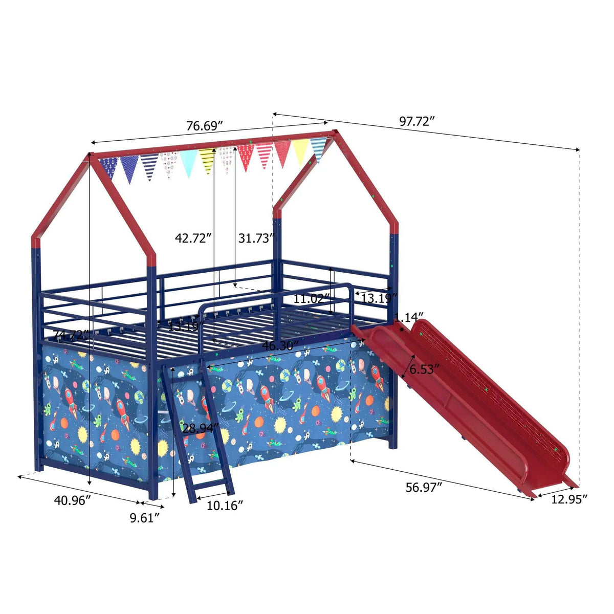 Jack House Loft Bed With Slide And Curtain Set | 5 Pieces | Metal | Bedroom