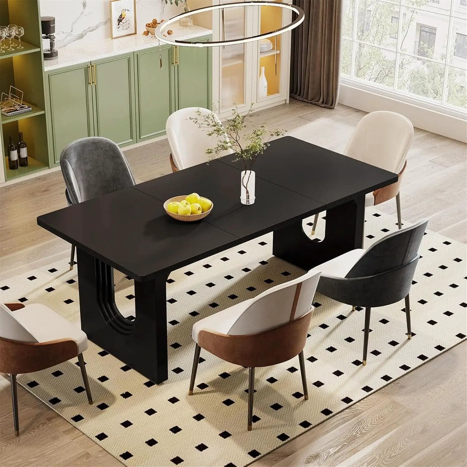 Black 71 Inch Dining Table For Six With Wood Pedestal from PriceLows™