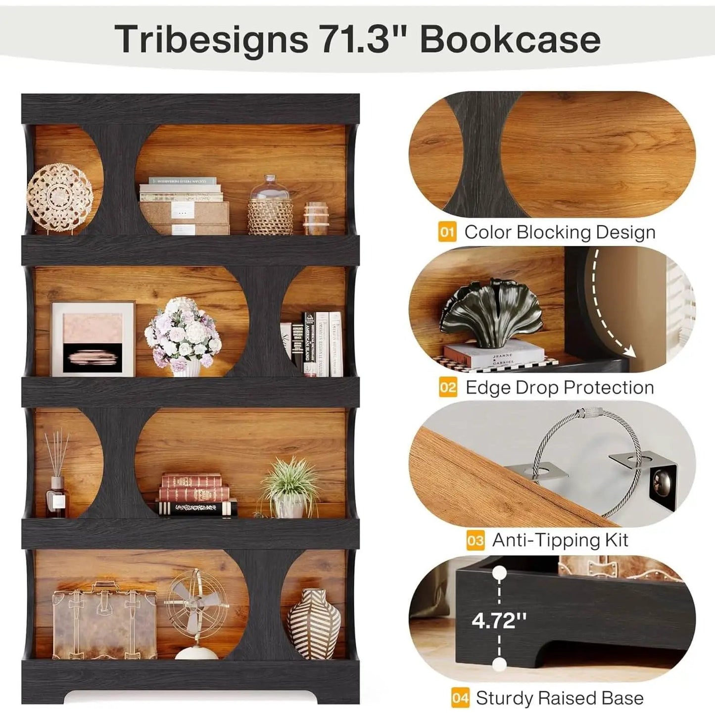 Black 71 Inch Tall Bookcase Modern Storage Display from PriceLows™
