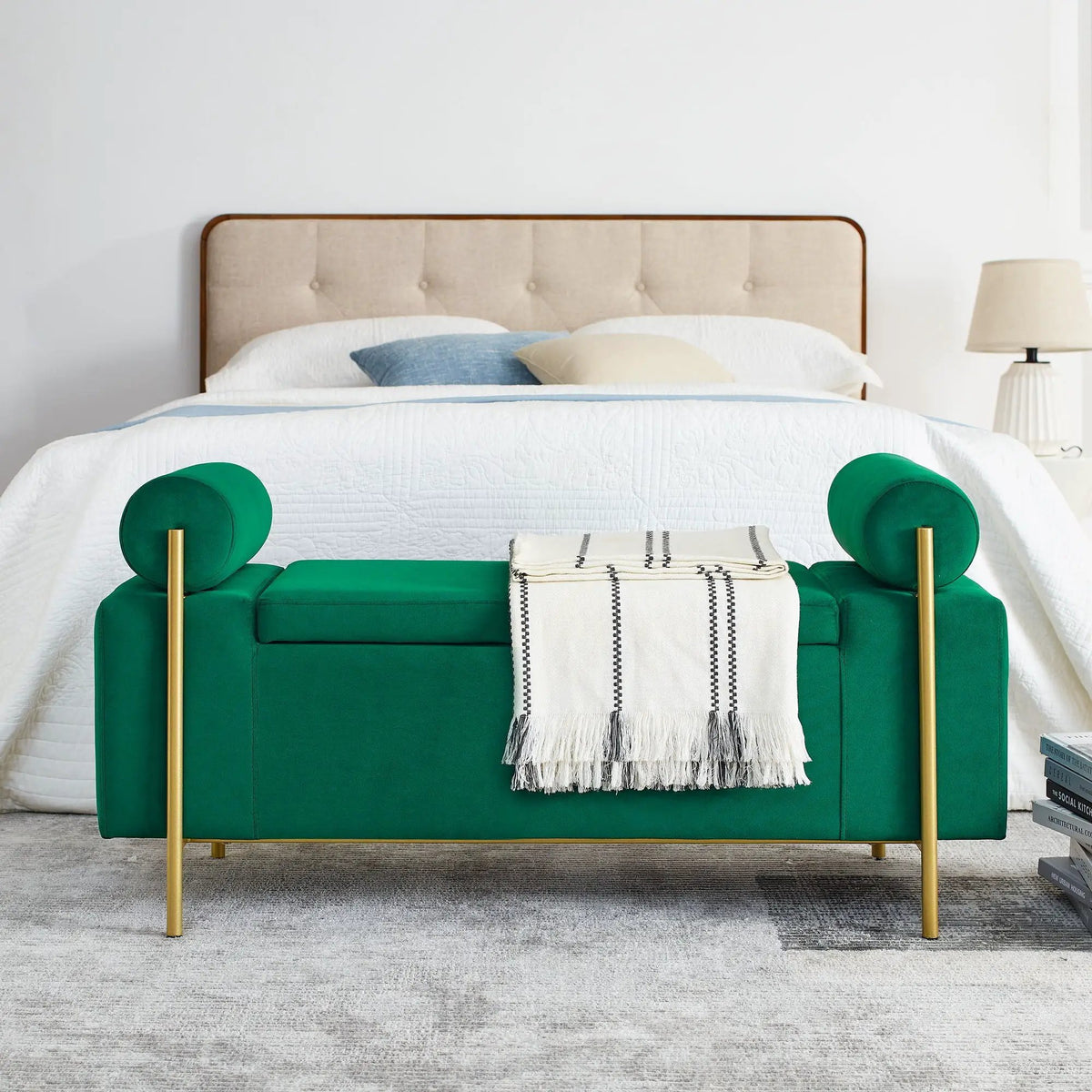 Upholstered Storage Bench | Cylindrical Arms | Iron Legs