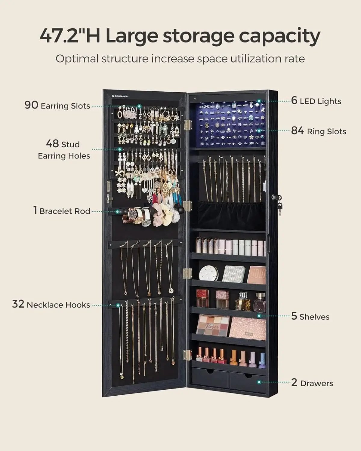 47.2 Inch Tall Black Lockable Mirror Jewelry Cabinet from PriceLows™