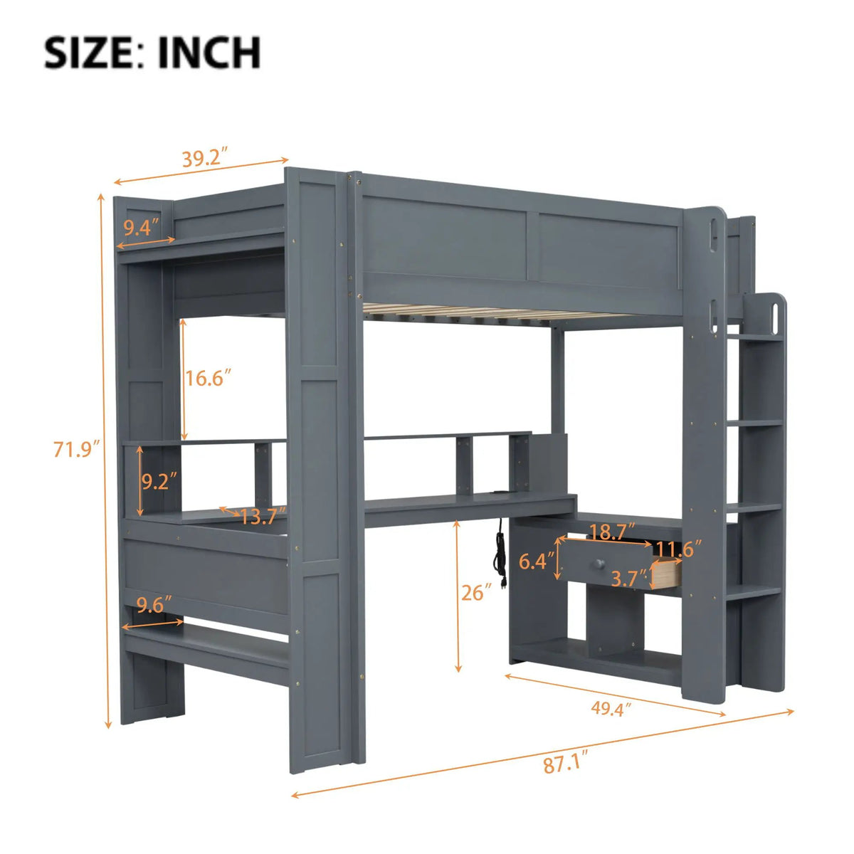Gaming Loft Bed With Desk | Multi Storage Shelves | LED Lights | Charging Station
