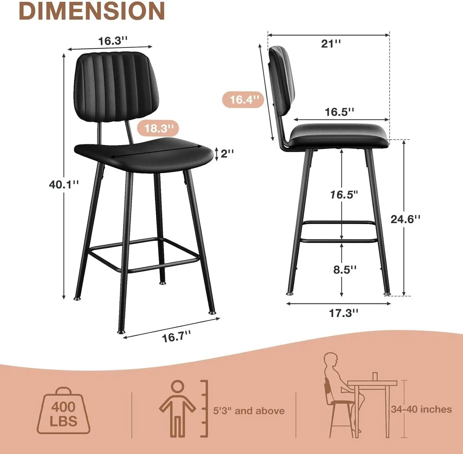 Bar Stools Set 2 24.6In Counter Height Black Faux Leather from PriceLows™