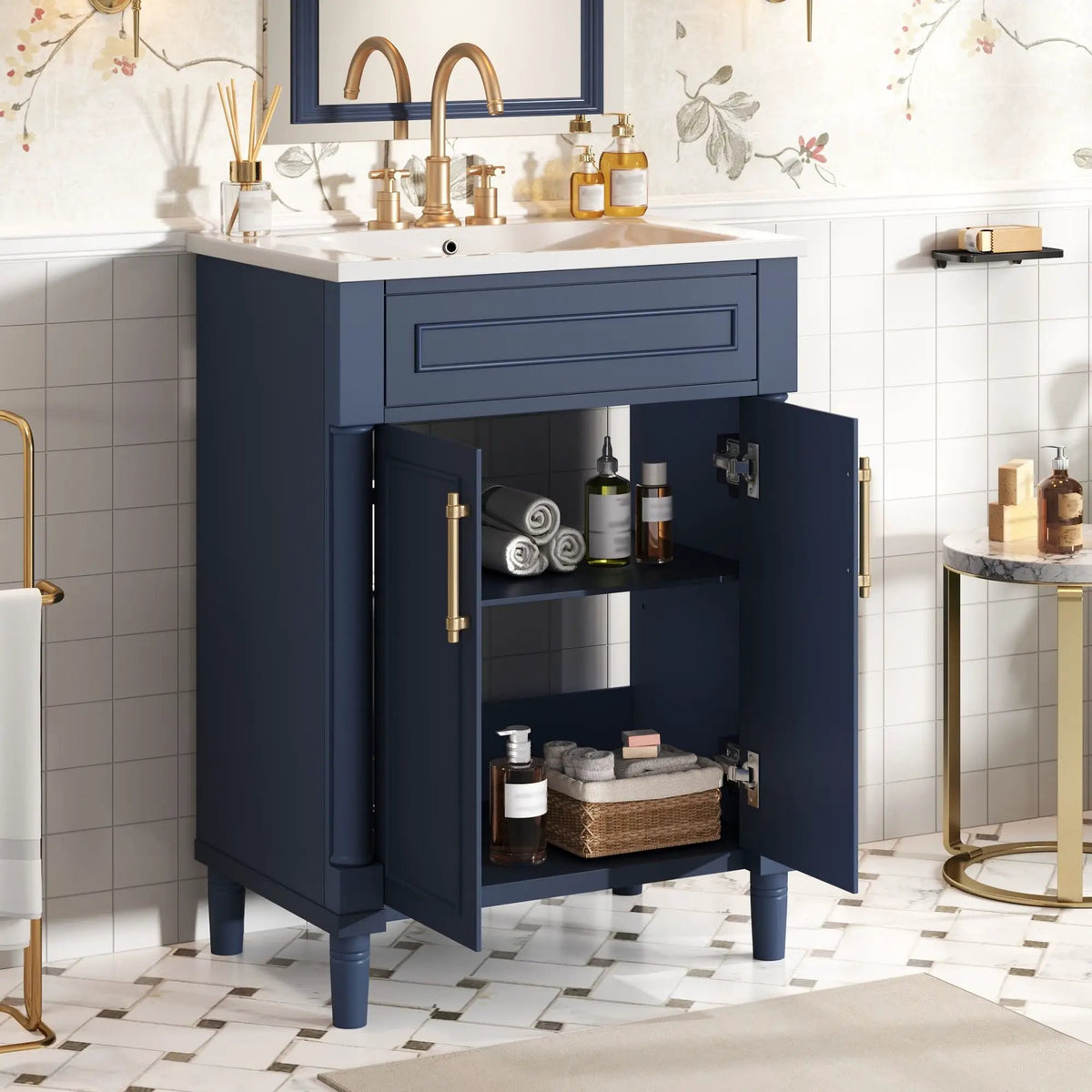 24 Inch Bathroom Vanity | Integrated Sink | 2 Door Cabinet | Small To Medium Bathrooms