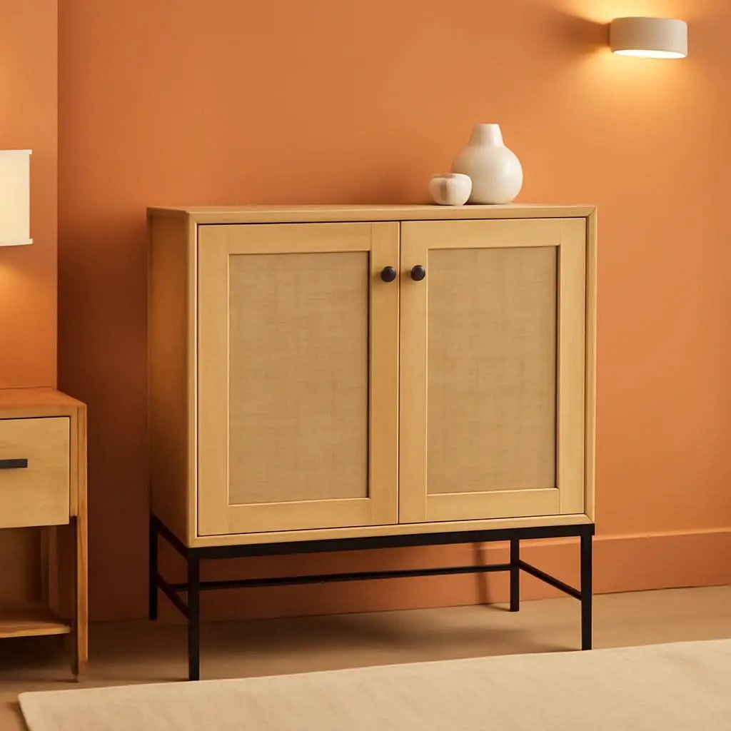 Two Door Rattan Storage Cabinet Natural Finish With Non Scratch Foot Pads For Living Room Hallway Kitchen from PriceLows™