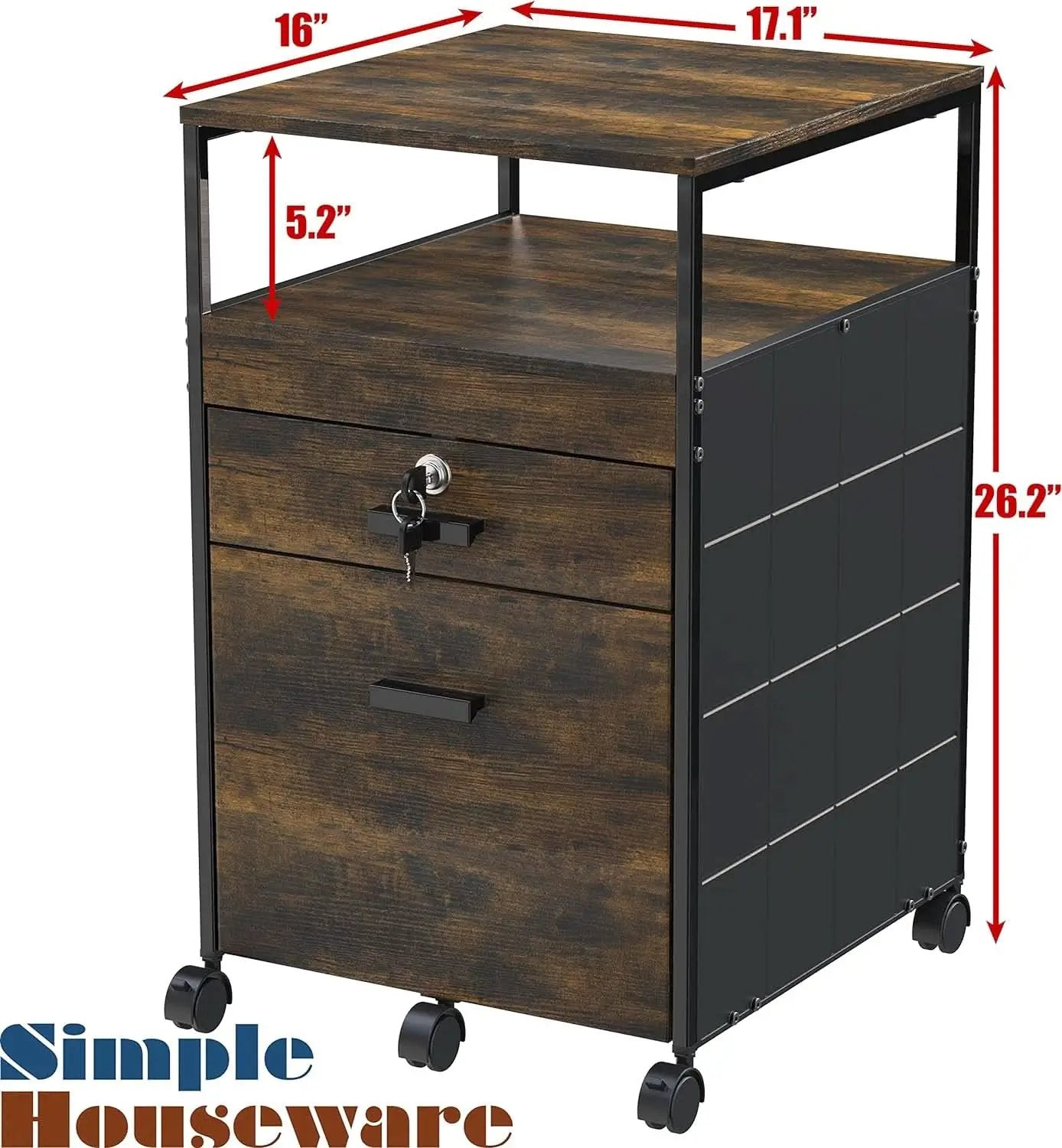 Rolling Mobile File Cabinet Drawers Open Shelf Rustic Brown from PriceLows™