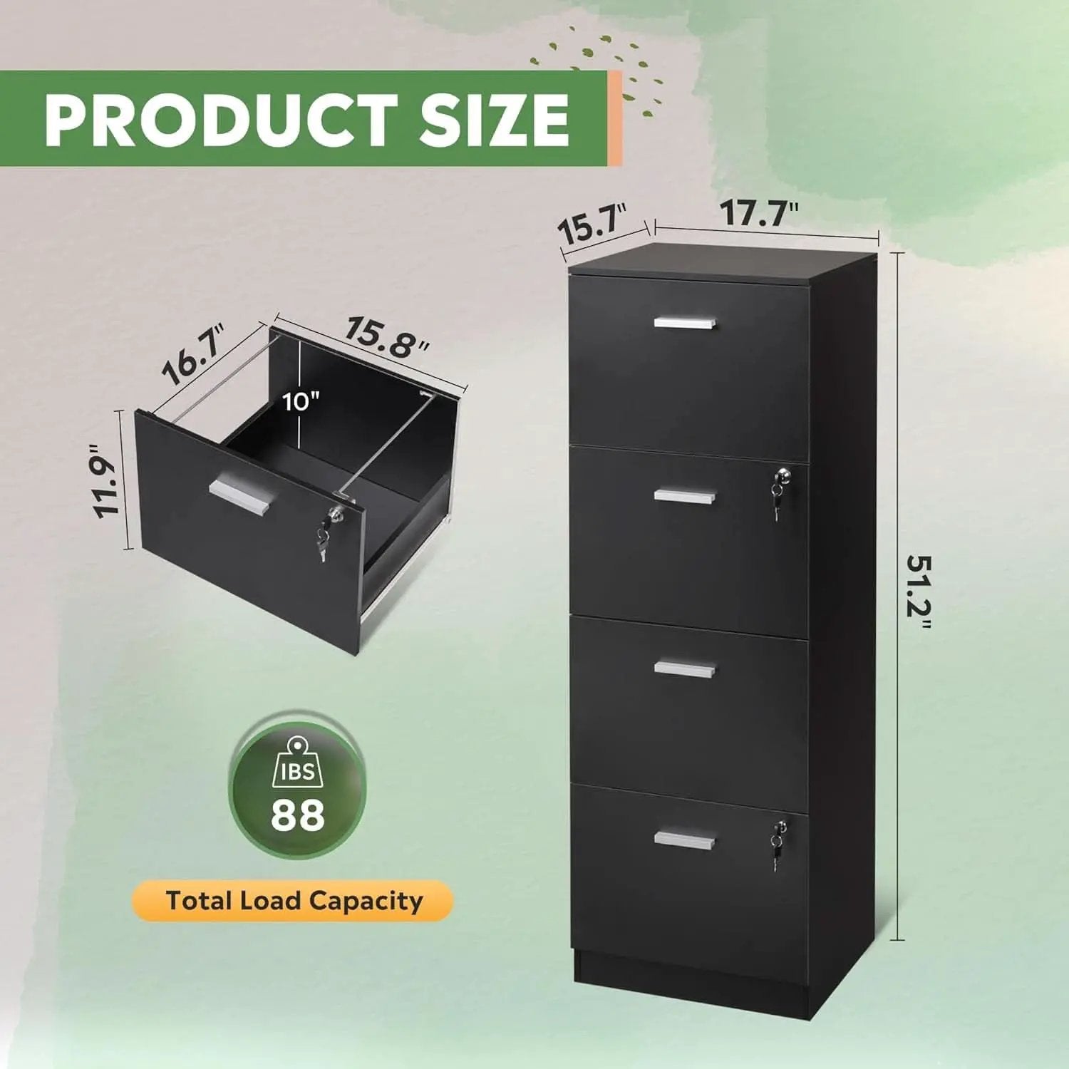4 Drawer Locking File Cabinet For A4 And Letter Files Black Wood from PriceLows™