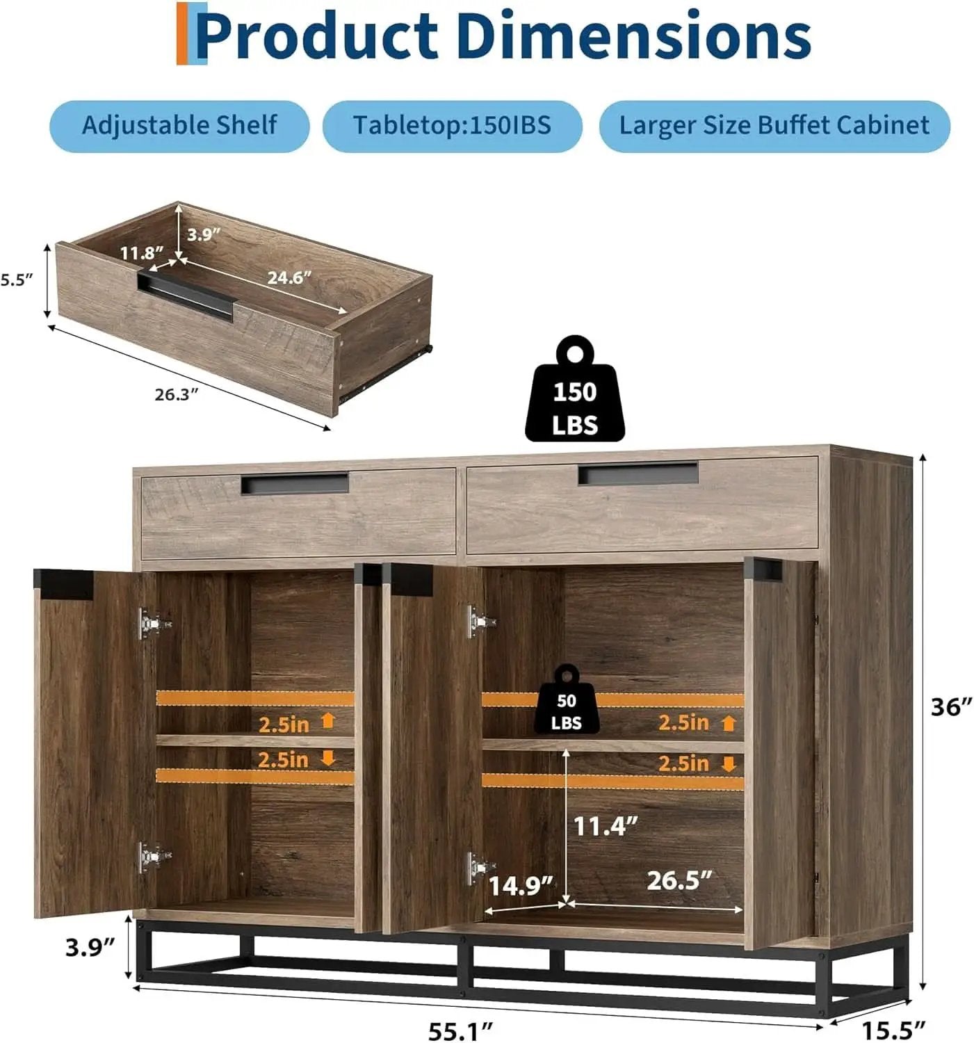 55 Inch Buffet Cabinet With 2 Drawers Modern Farmhouse from PriceLows™