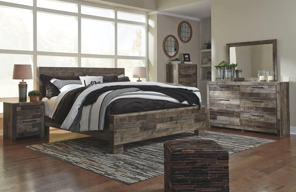 Derekson Panel Bedroom Set | 4-Piece | Rustic Butcher Block Finish | Replicated Pine Grain