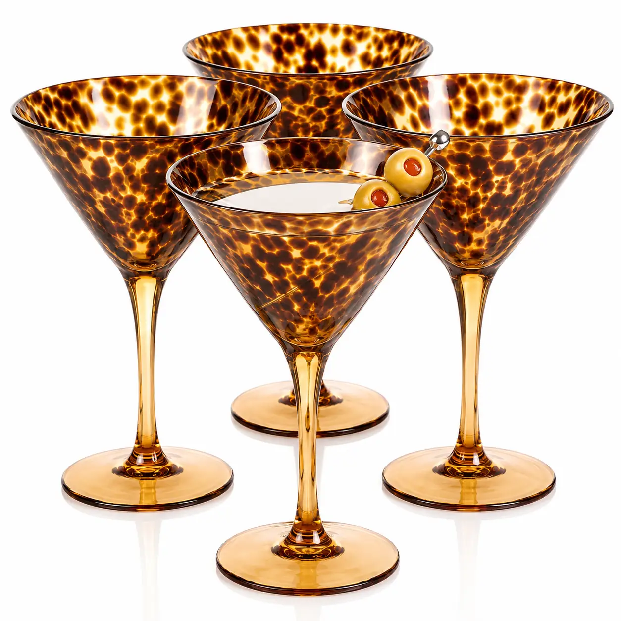 Tortoise Leopard Print Martini 9oz - Set of 4, 7.1" Spotted Borosilicate Cocktail Stem