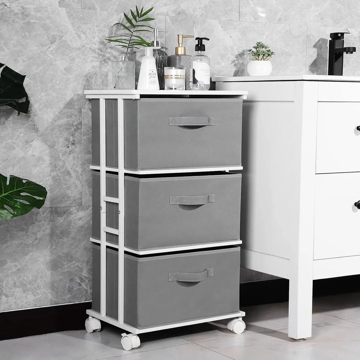 Dresser Tower 3 Drawer Dark Grey With Wood Top And Wheels from PriceLows™