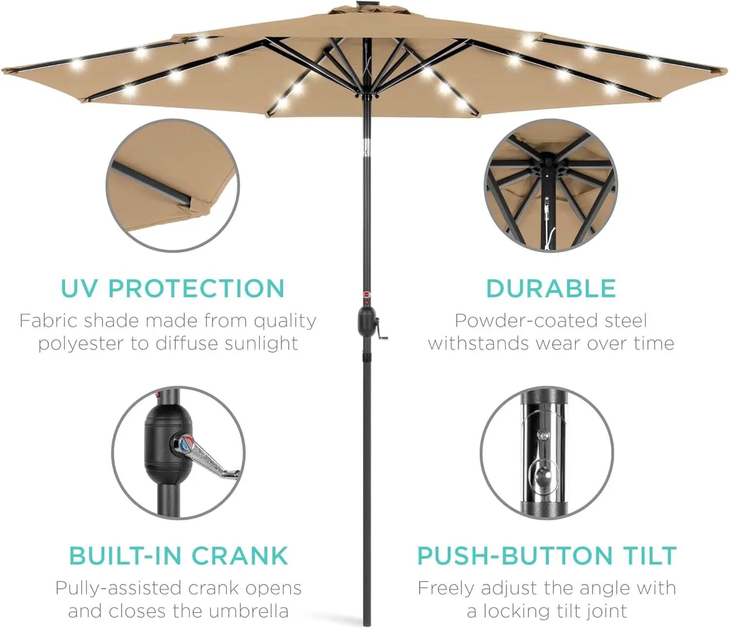 10 Ft Solar LED Patio Umbrella With Tilt Adjustment And UV Resistant Fabric All Weather Use from PriceLows™