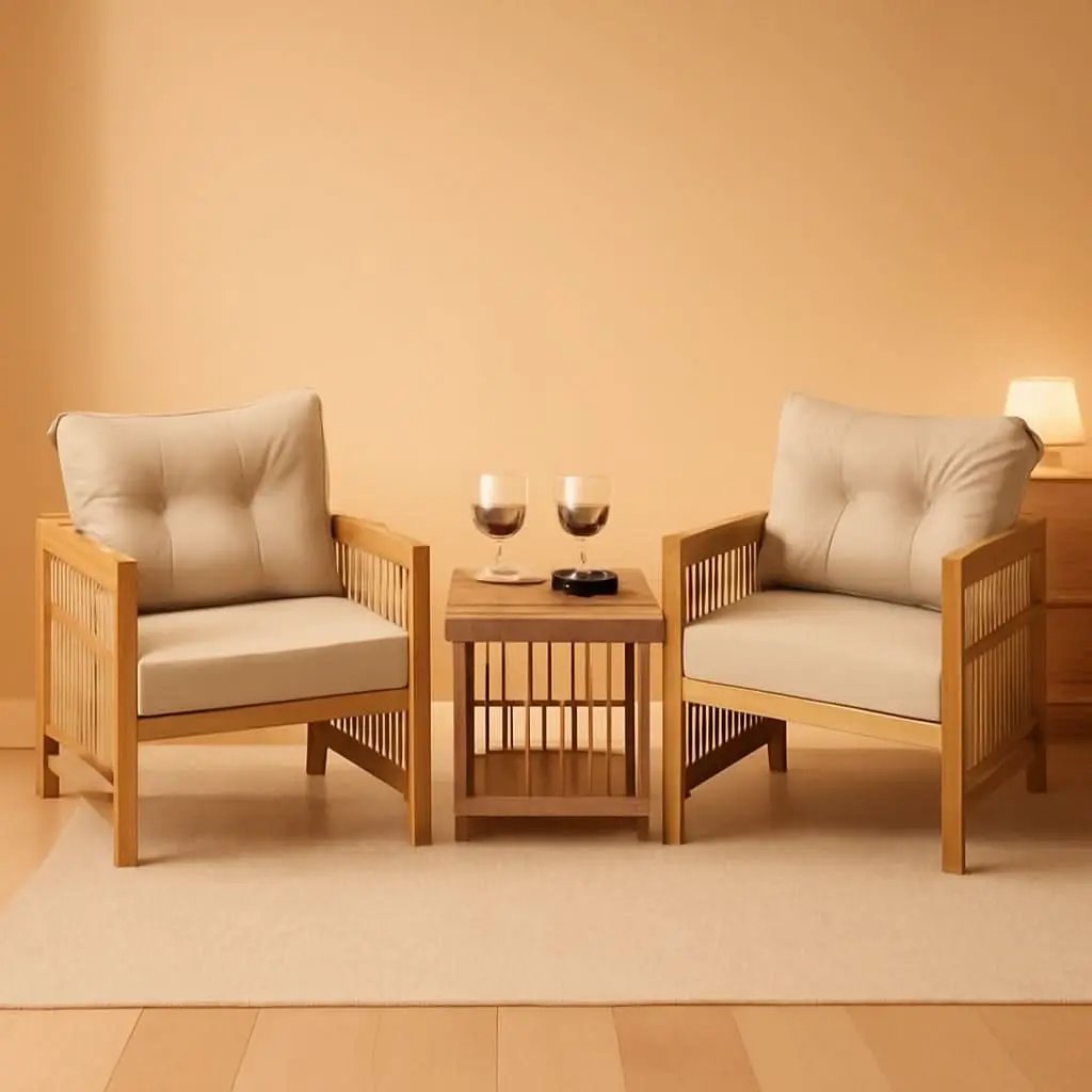 3 Piece Acacia Wood Patio Furniture Set With Beige PE Wicker Cushioned Chairs And Coffee Table from PriceLows™