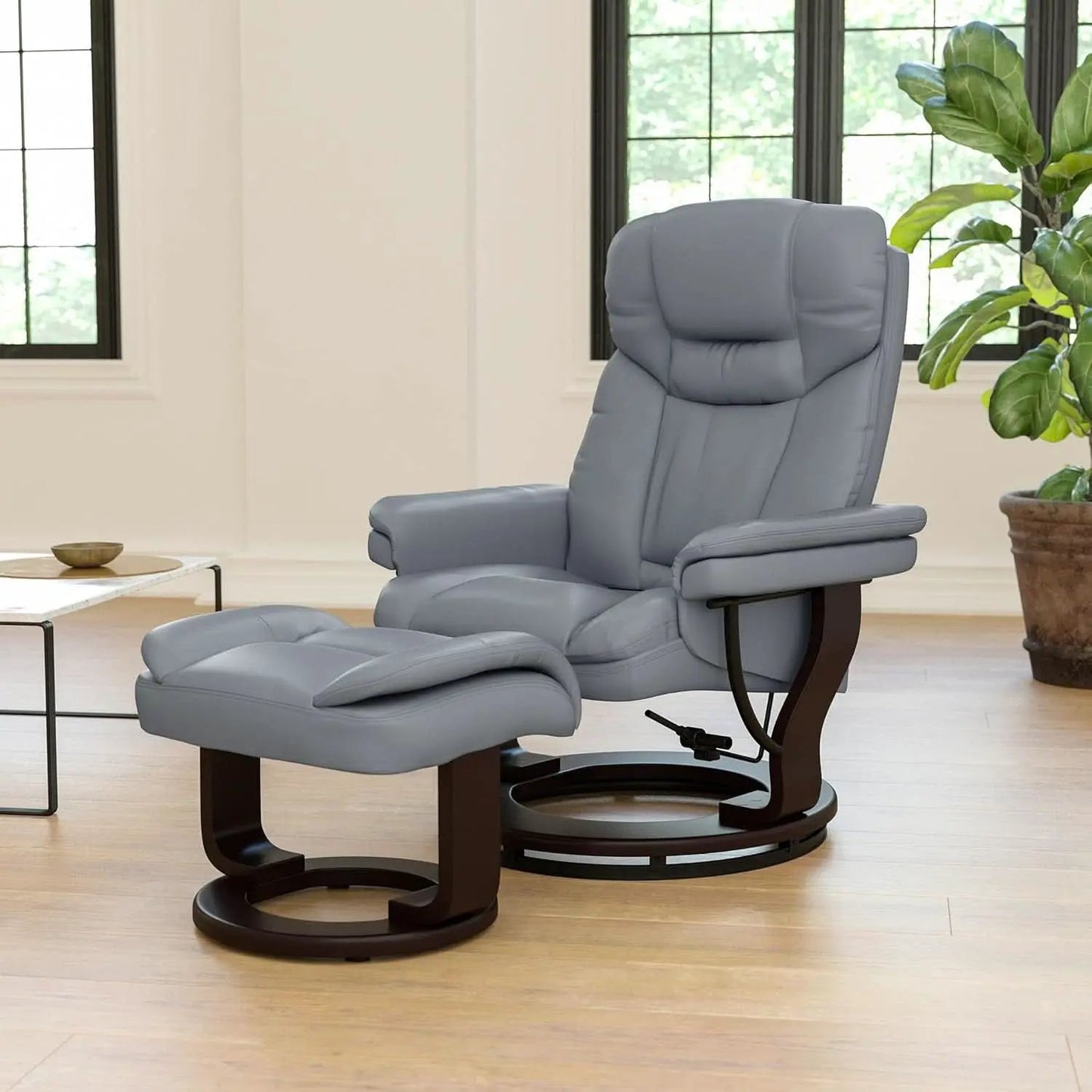 Gray Recliner With Swivel Mahogany Base And Ottoman from PriceLows™