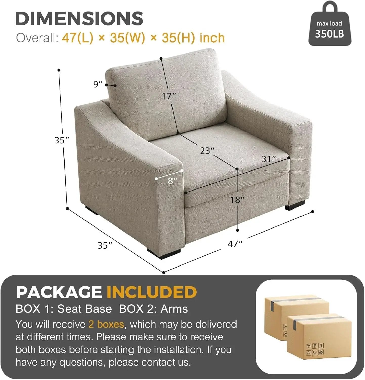 47 Inch Linen Fabric Armchair Pair Oversized Oatmeal from PriceLows™