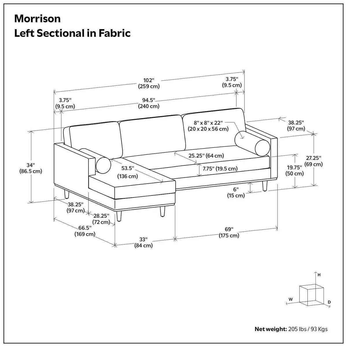 Morrison Upholstered Sectional Sofa | Genuine Aniline Leather | Chaise Cushions | 102.2 Inch Length