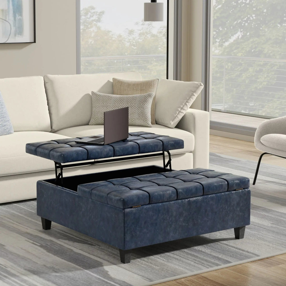 Coffee Table Storage Ottoman | Lift Top Hinge | Solid Wood Base | Large Square