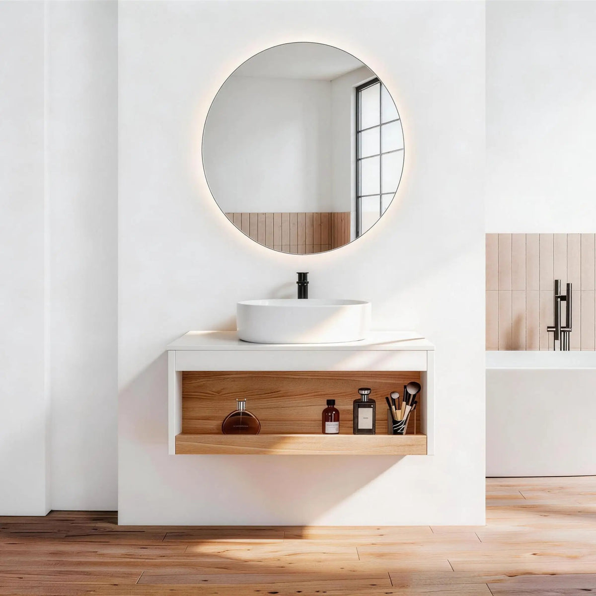 Floating Bathroom Vanity | Round Glossy Sink | Wall Mounted | Compact Design