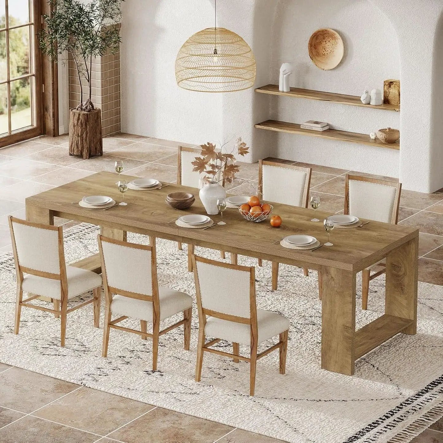 Oak 86 Inch Long Narrow Dining Table With Pedestal Base from PriceLows™