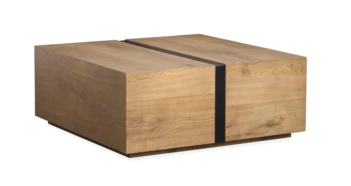 Ripley Square Cocktail Table With Casters | 42 x 42 x 17 in | Oak Veneer & Metal | Rustic Caramel