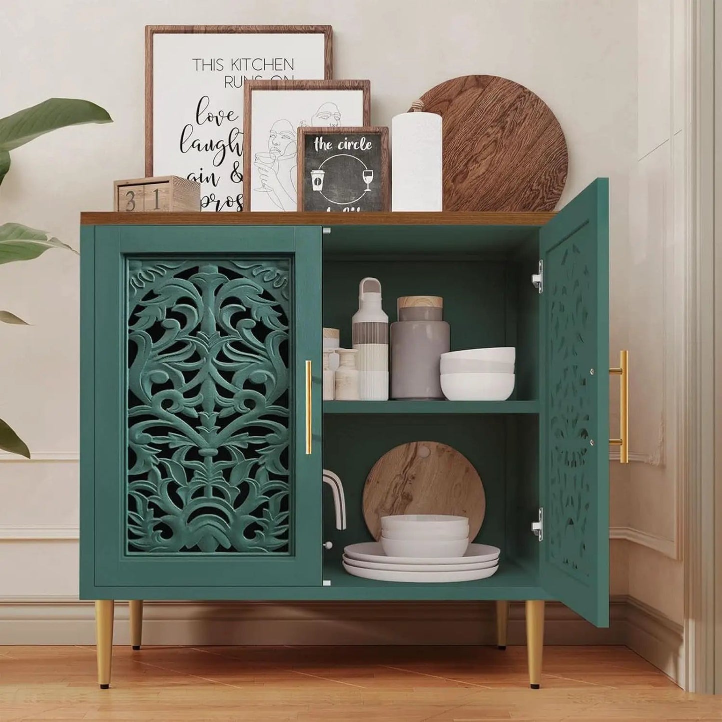Green Accent Cabinet Carved Storage Vintage Furniture from PriceLows™