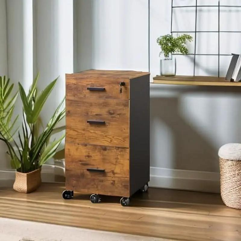 3 Drawer Lockable Rolling File Cabinet In Rustic Brown Fits Letter And A4 Size For Home Office from PriceLows™