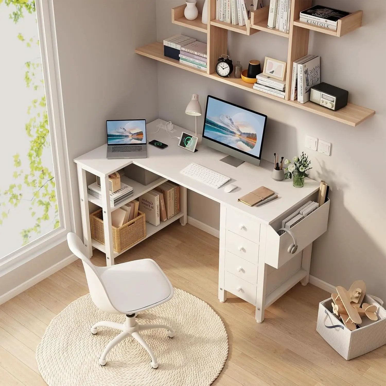 White 47 Inch L Shaped Corner Desk With Reversible Storage from PriceLows™