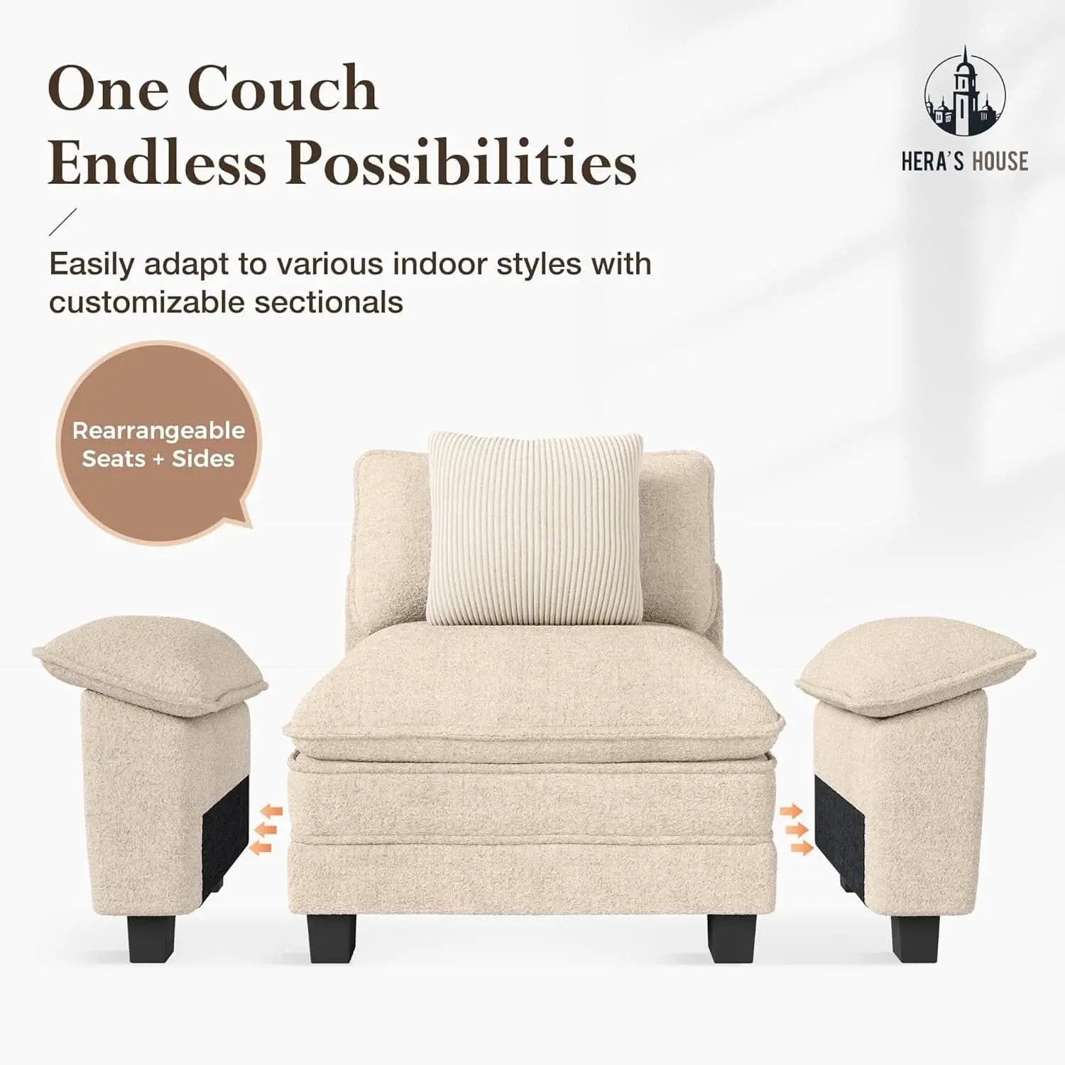 124 Inch Chenille Beige Modular Sectional Sofa With Throw Pillows from PriceLows™
