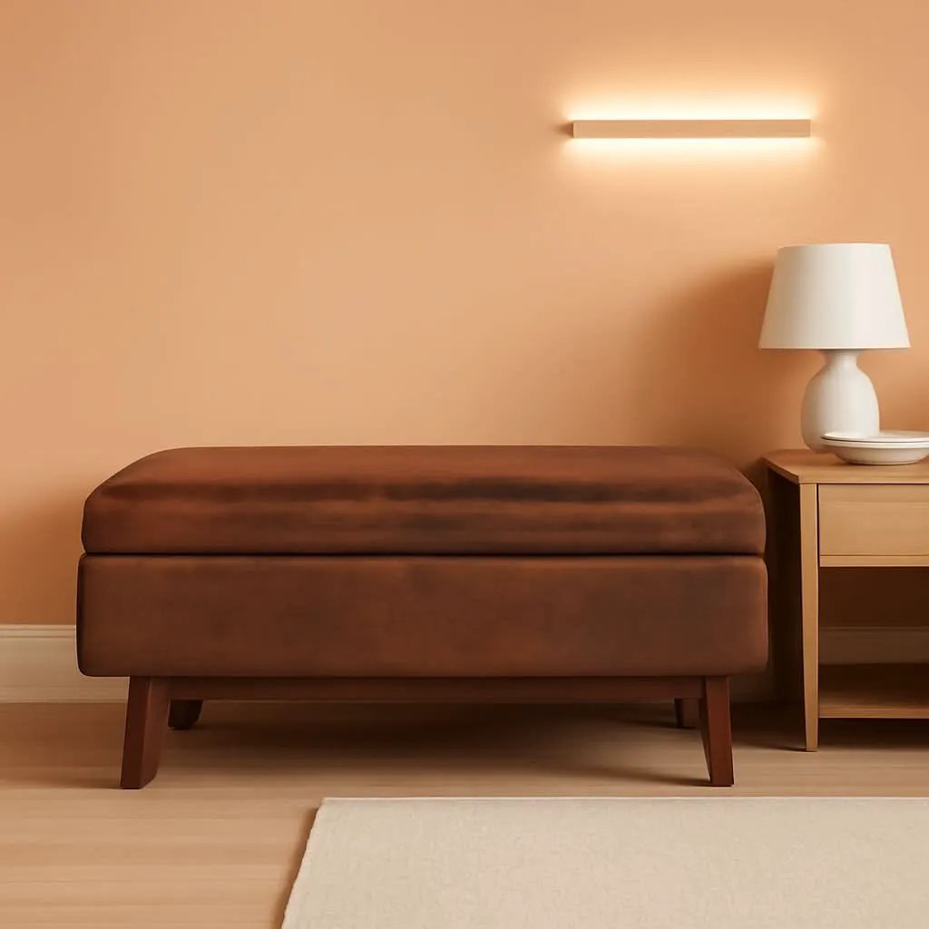 Mid Century Storage Ottoman 36W Chestnut Faux Leather from PriceLows™